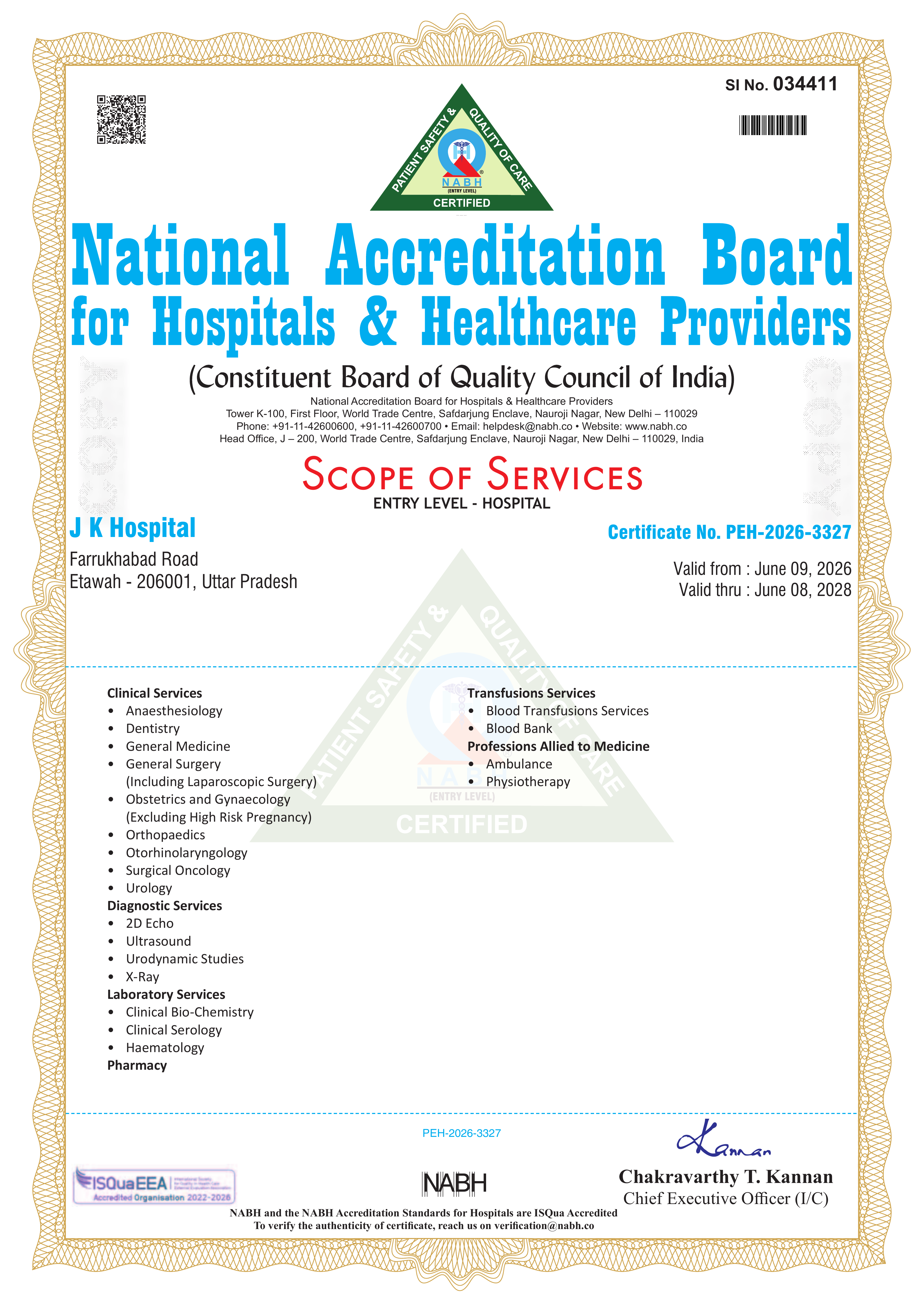 NABH Accredited Scope of Services Certificate